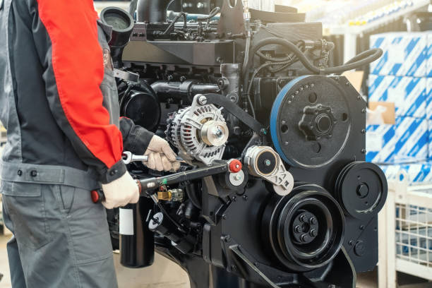 Worker in factory assembles large industrial engine for agricultural machine tractor or combine.