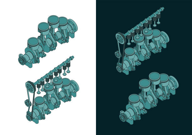 Stylized vector illustrations of color drawings of Piston group with crankshaft