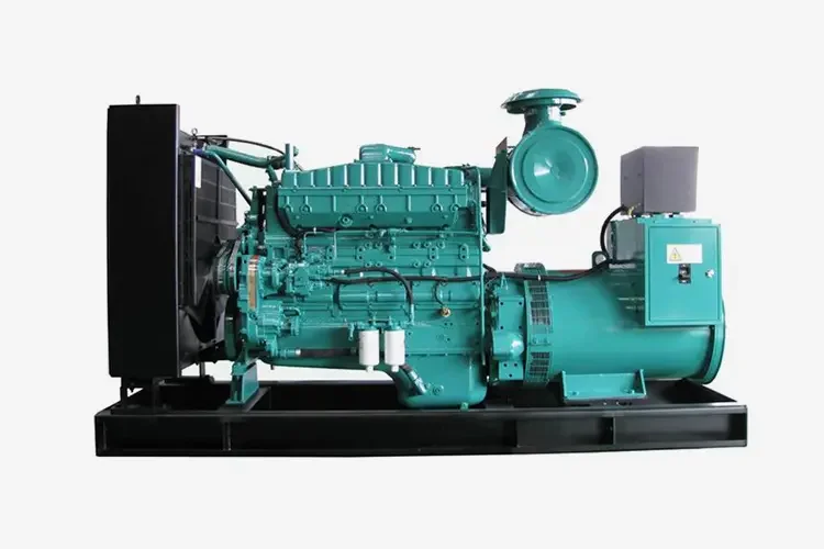 This is a teal-colored industrial-grade diesel generator, featuring the main engine body, a matching heat dissipation device, filters, and a side control box. It’s fully mounted on a black fixed base, showcasing its complete industrial equipment appearance.