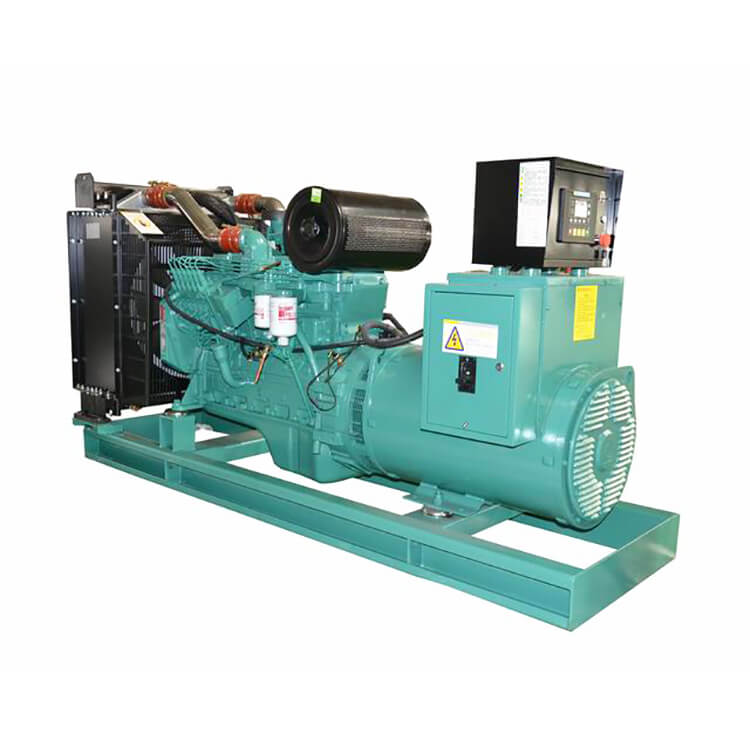 A green diesel engine generator set with a control panel, radiator, and various components, designed for power generation, showing its structure and key parts clearly against a white background.