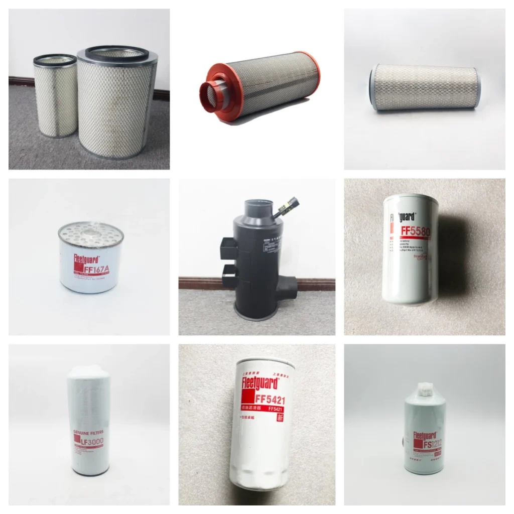 Multiple Fleetguard brand filters arranged in a 3x3 grid, covering different specifications and types of filtration components such as air filters and fuel filters.