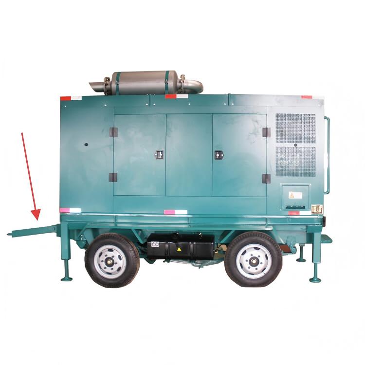A dark teal enclosed cabinet-type trailer mounted generator . It’s topped with an exhaust pipe, equipped with support feet and a trailer structure, and has a heat dissipation grille and reflective markers on the cabinet side.