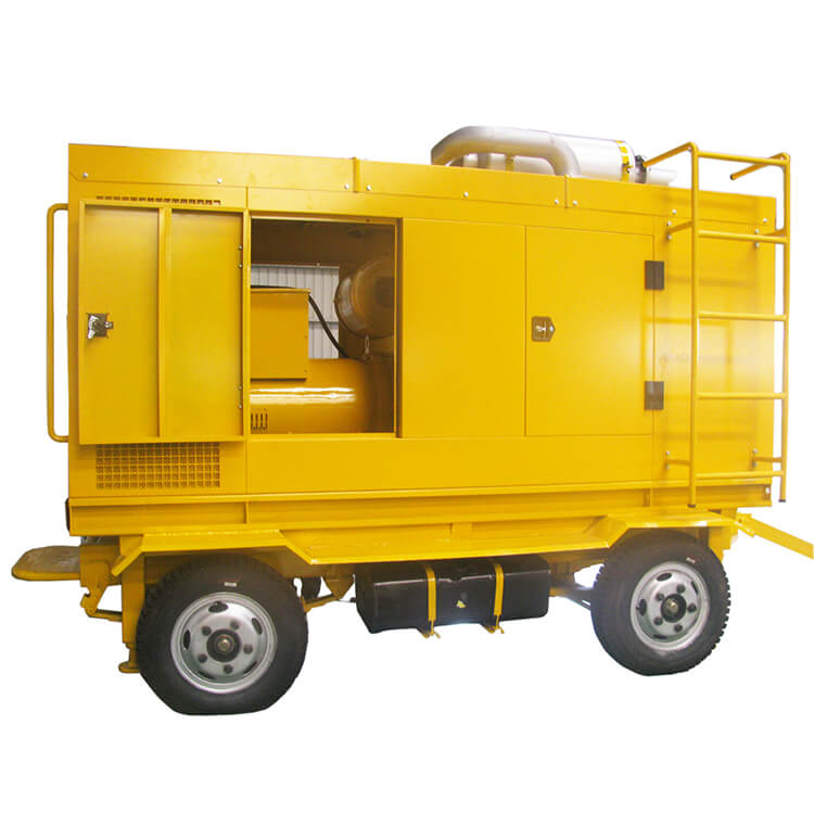 A yellow trailer-mounted mobile generator set. An opening on the side of the cabinet allows a view of the internal equipment, and it’s equipped with a ladder and wheels, featuring a mobile design for easy transportation.