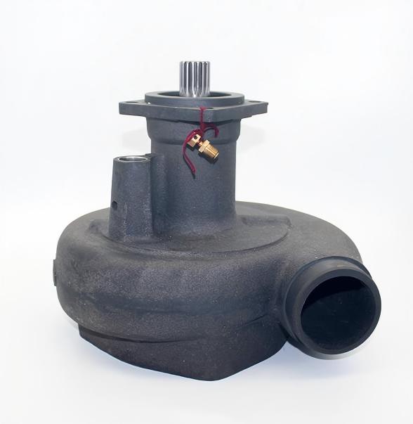 A diesel engine water pump, made of cast iron, with a gear shaft for power transmission, coolant ports, and a brass detection port with a red string, crucial for circulating coolant to prevent overheating.