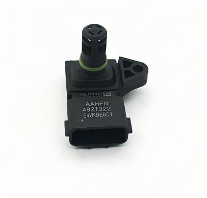 A black plastic temperature sensor for diesel engines, marked with model numbers AARFN 4921322 and 5WK96801, with a green sealing ring, used to monitor temperature and send signals to prevent overheating.