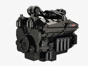 A black diesel generator: industrial-style black casing, complex piping, multiple injectors and cylinder units, plus side labels—typical compact, precise diesel power equipment.