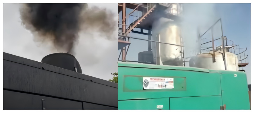 A split view: left shows a generator blowing black smoke; right shows the unit in an industrial setting