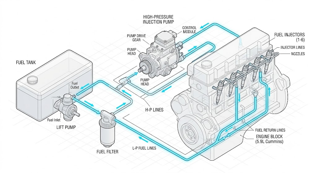 Simplified 5.9L Cummins fuel system diagram showing lift pump fuel flow