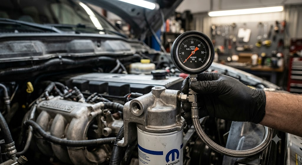 Testing 5.9L Cummins lift pump fuel pressure with a PSI gauge