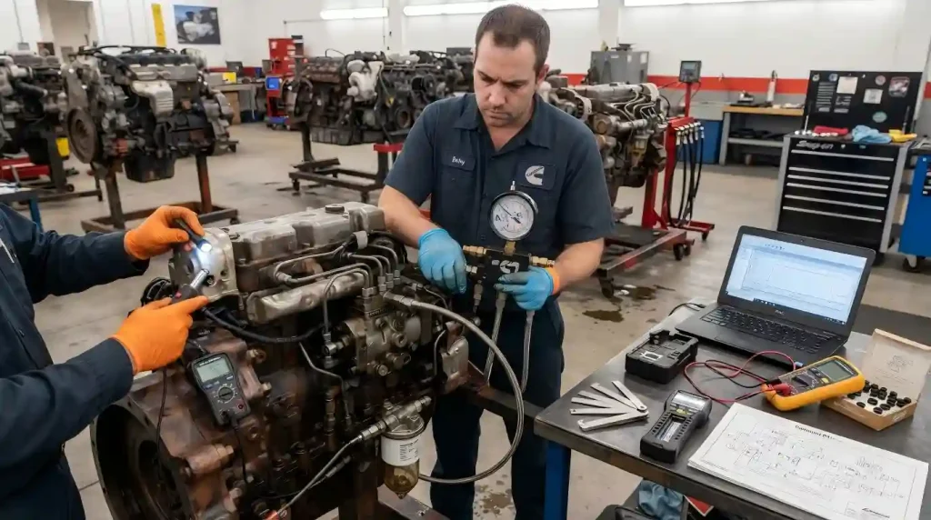 a mechanic analyzing fuel pressure readings from a gauge and checking fuel lines